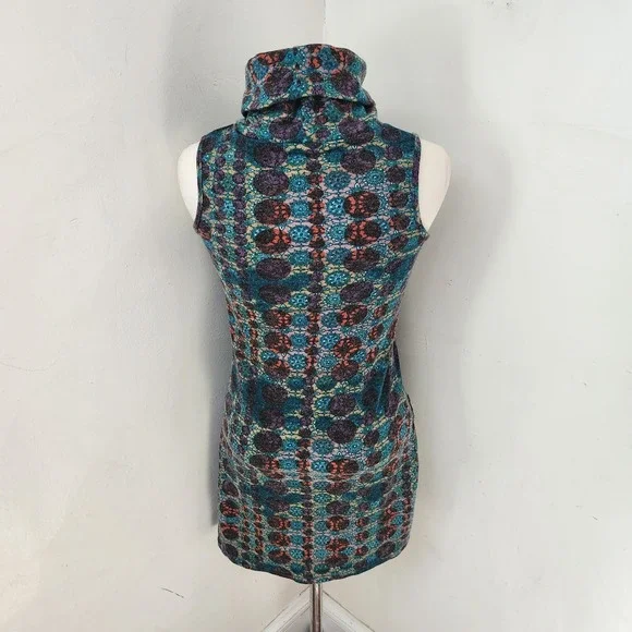 Aryeh Womens Small Teal Purple Medallion Knit Sleeveless Turtleneck Tunic Dress - Picture 2 of 5
